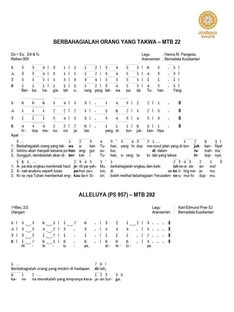 Mazmur Tanggapan - Berbahagialah Orang - BPI 957 - Akshaya Swara | PDF