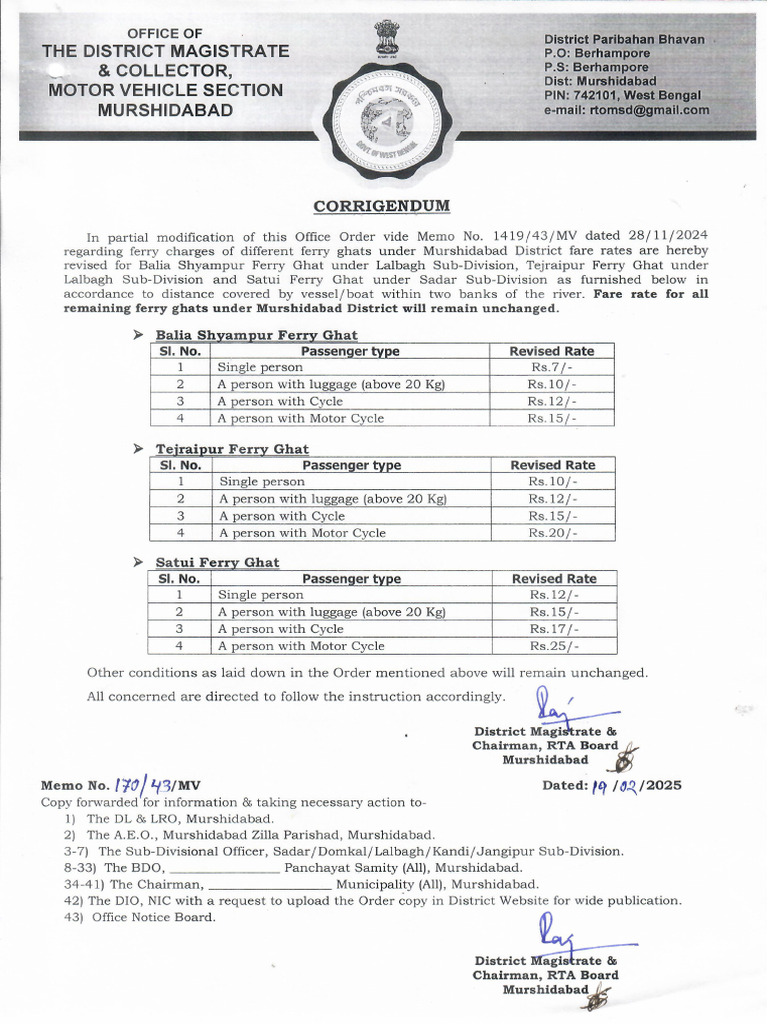 Corrigendum Ferry Charges | PDF