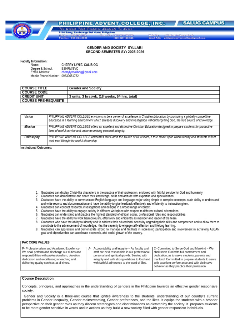Gender and Society Course Syllabus | PDF | Gender | Gender Studies