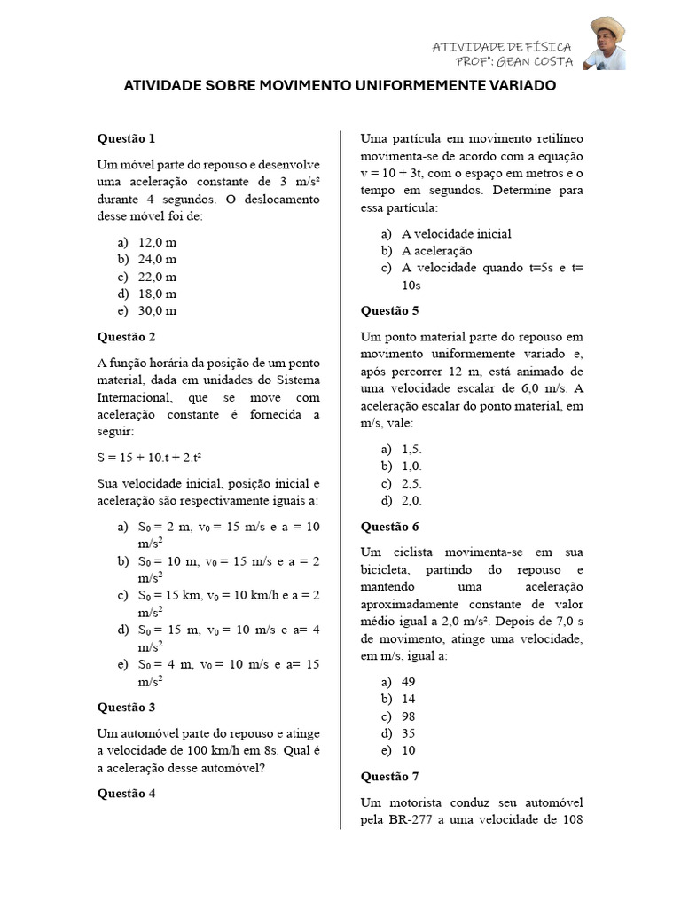 Atividade sobre Movimento Uniformemente Variado | PDF | Aceleração ...