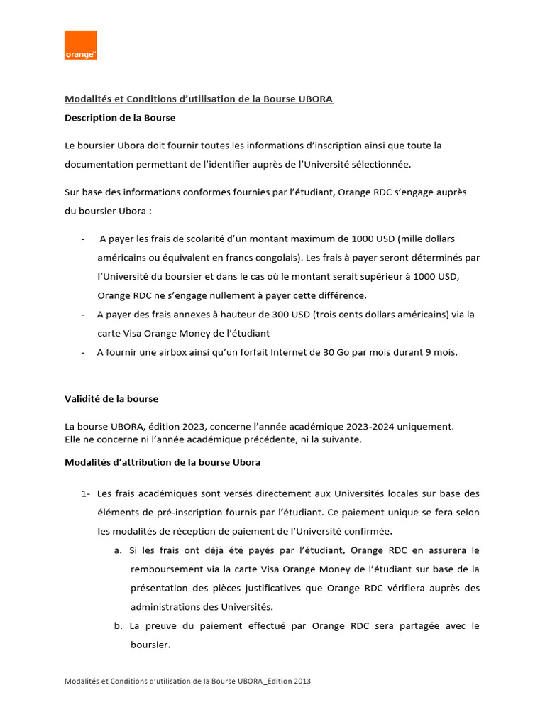 Modalités de la Bourse UBORA 2023 | PDF