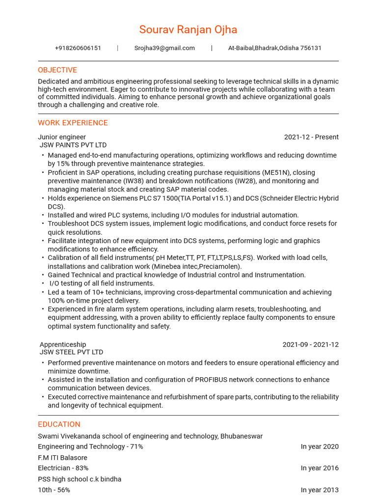 Sourav Ranjan Ojha CV - 1 | PDF | Programmable Logic Controller | Computing