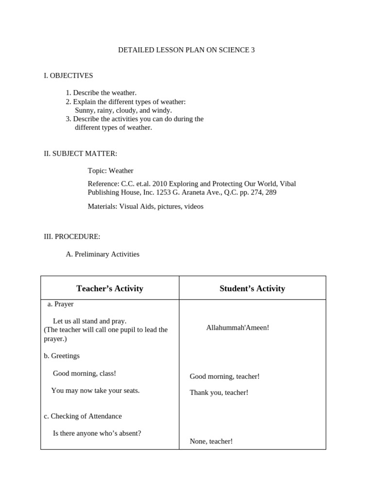 Weather Lesson Plan for Grade 3 | PDF | Weather | Cloud