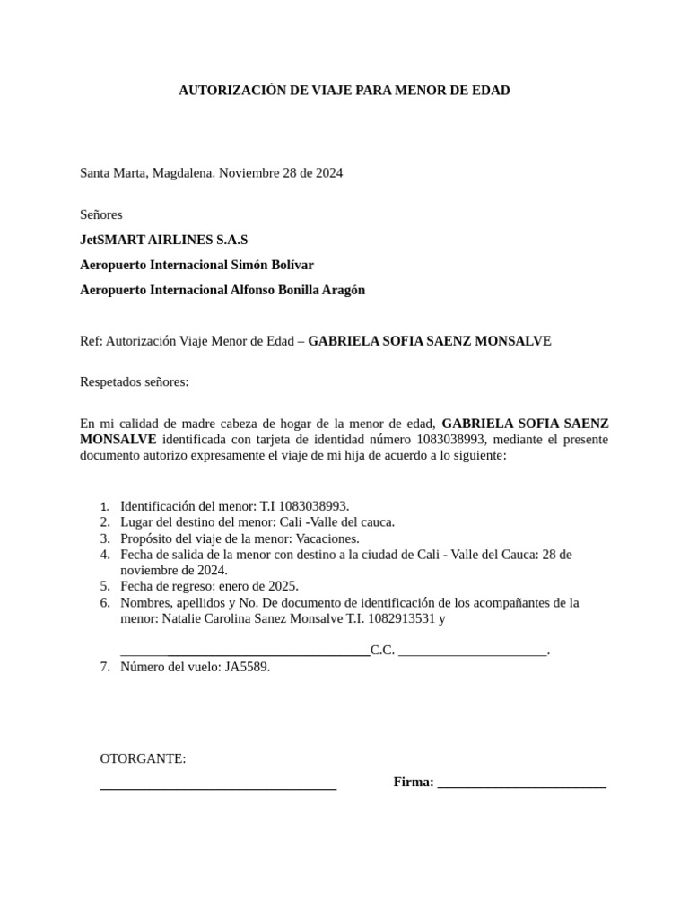 Autorización de Viaje para Menor de Edad | PDF