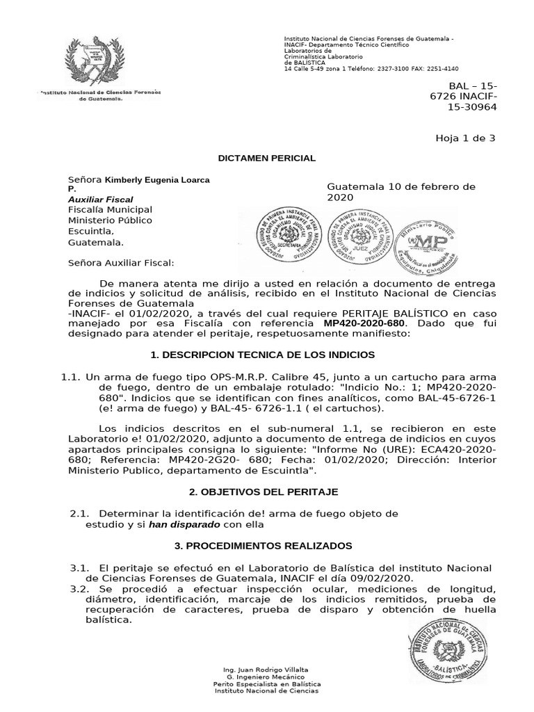 Dictamen Pericial de Balística INACIF | PDF | Calibre | Balística