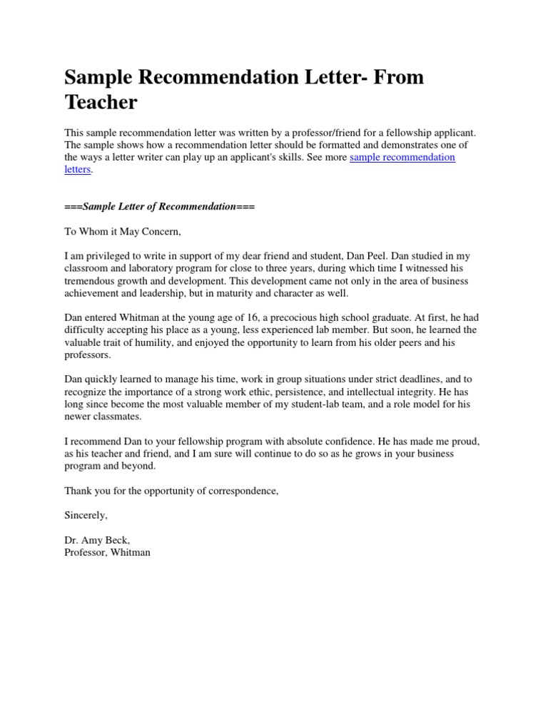 Sample Recommendation Letter - From Teacher | PDF