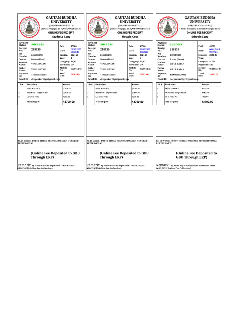 GBU Hostel and Mess Fee Receipt 2025 | PDF | Payments | Banking Technology