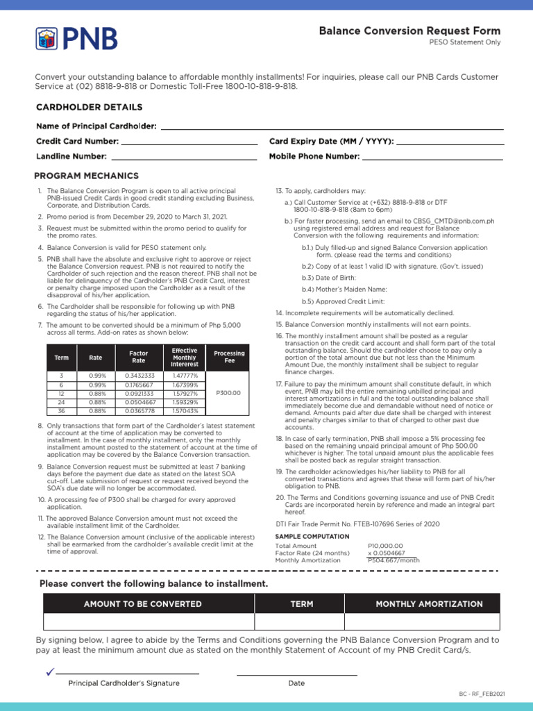PNB Balance Conversion Request Form | PDF | Credit Card | Money