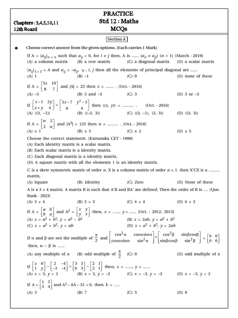 12th Grade Math MCQs Practice Set | PDF | Function (Mathematics ...