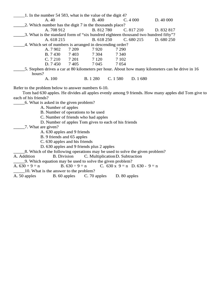Number Value and Division Problems | PDF