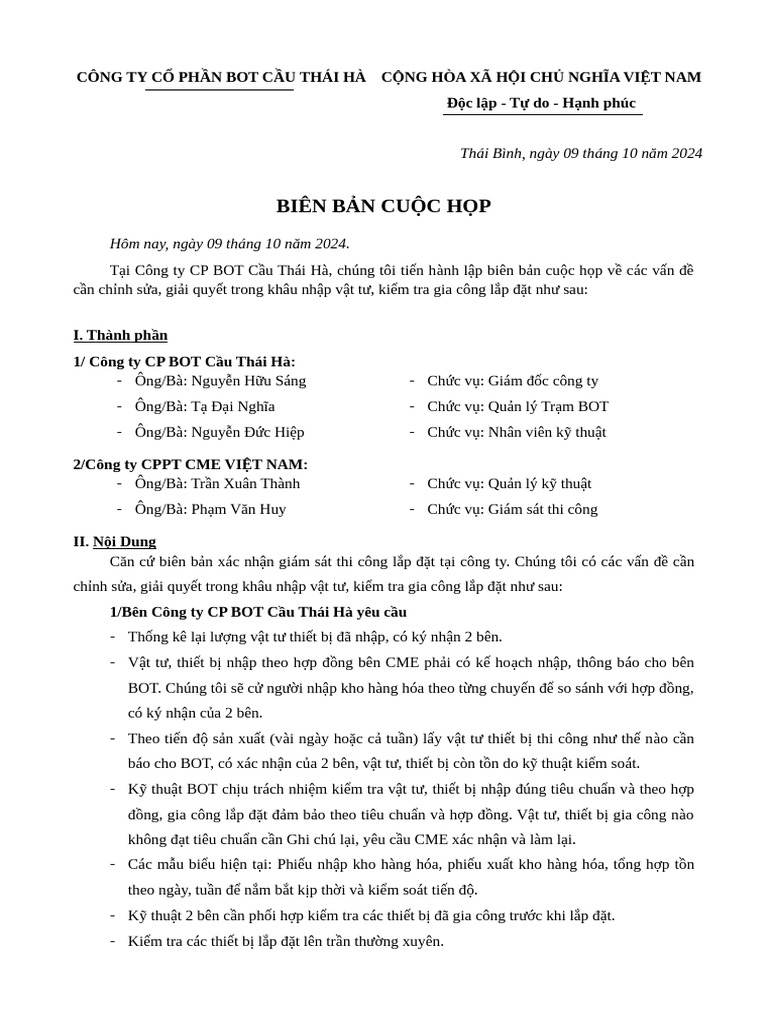 Biên bản cuộc họp 091024 | PDF
