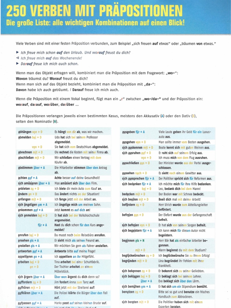 250 Verben Mit Präpositionen | PDF
