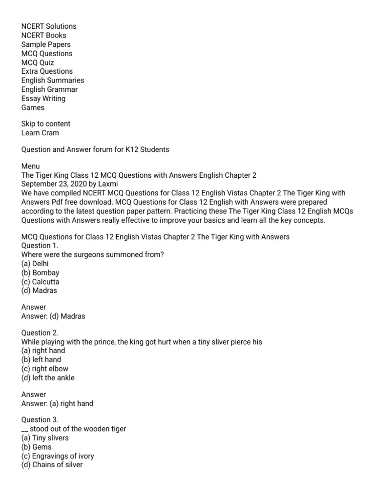 Class 12 Eng CH 2 The Tiger King | PDF | Medical School