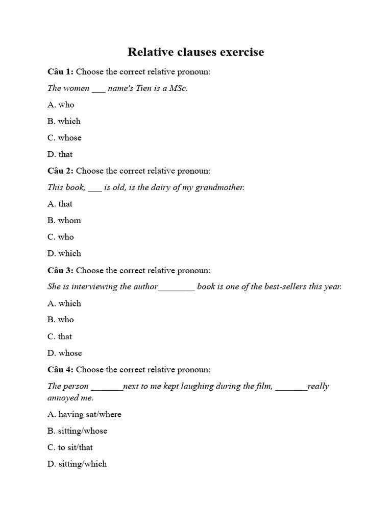 Relative Clauses Practice Exercise | PDF | Syntax | Grammatical Number