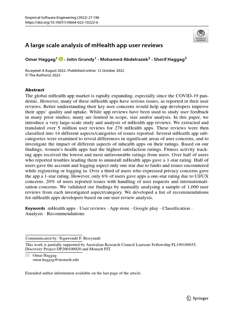 A Large Scale Analysis of Mhealth App User Reviews: Omar Haggag John ...