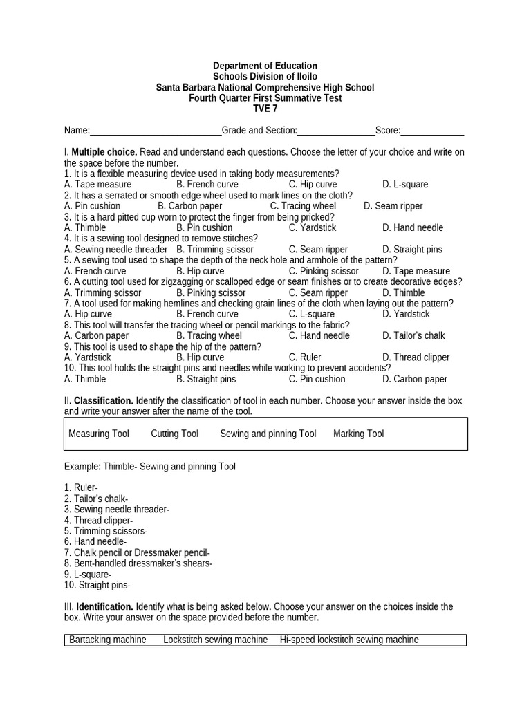 Summative-Test-4th | PDF | Sewing | Seam (Sewing)