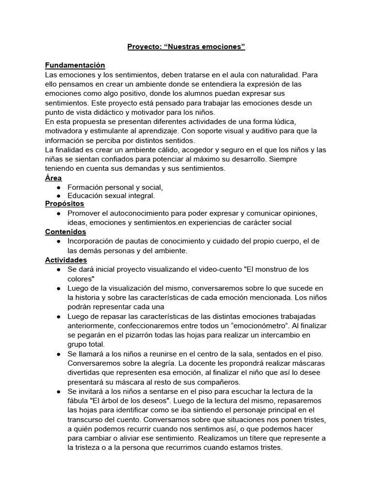 Proyecto Didáctico sobre Emociones Infantil | PDF | Las emociones ...