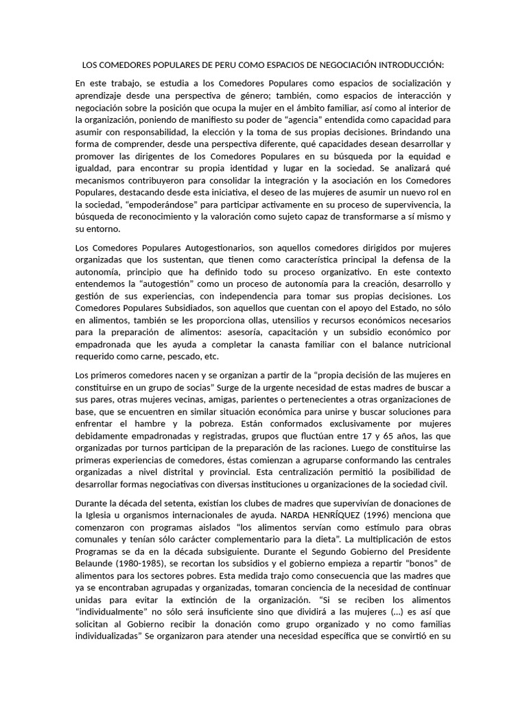 Comedores Populares en Perú: Empoderamiento Femenino | PDF | Mujer ...