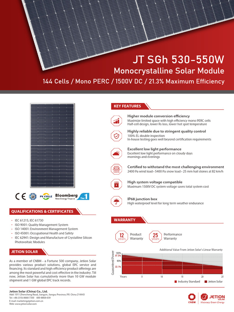 Jetion Solar JT550SGh Module Overview | PDF | Solar Panel | Electricity