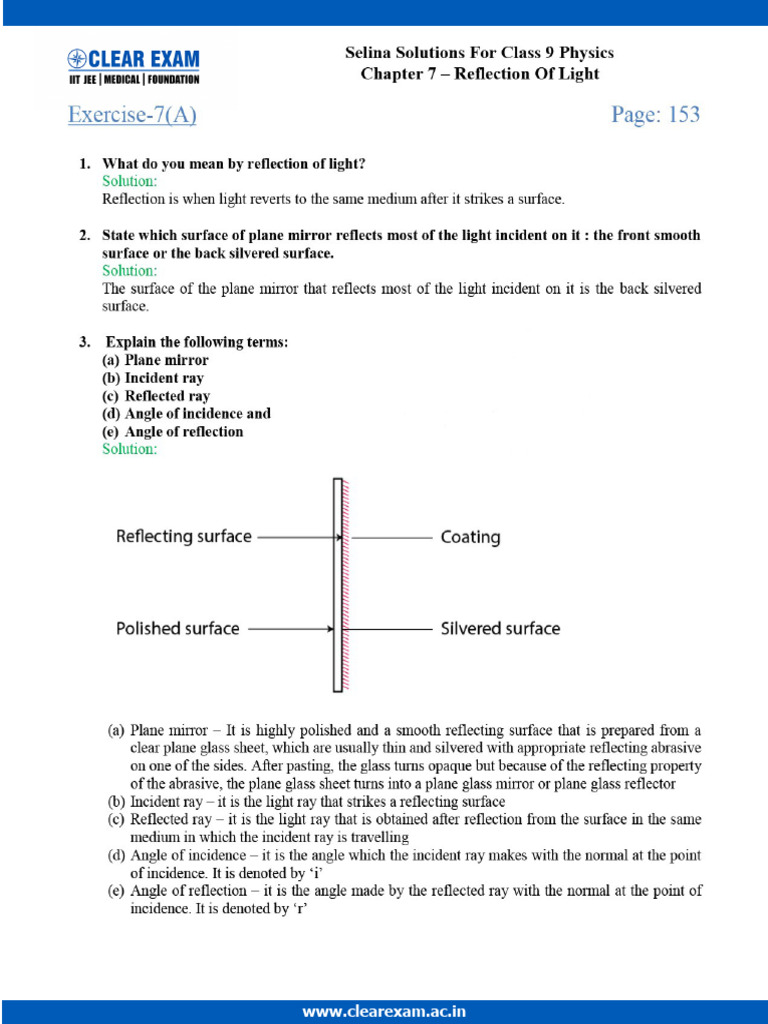 Selina Solutions For Class 9 Physics Chapter 7 Reflection of Light | PDF