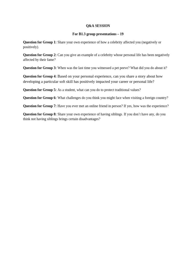 Engaging Q&A Topics for Group Presentations | PDF