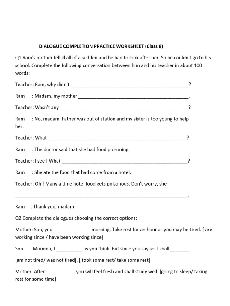 Class 8 Dialogue Completion Worksheet | PDF