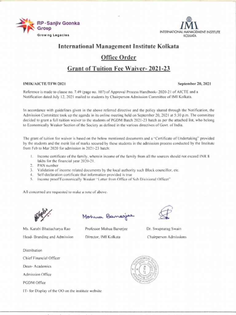 Tuition Fee Waiver 2021 23 | PDF