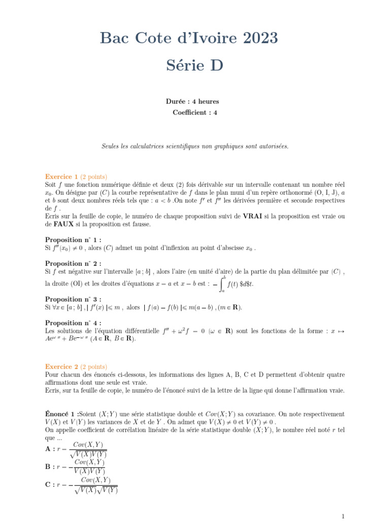 Sujet de Maths Bac D 2023 Corrigé | PDF | Concepts mathématiques ...
