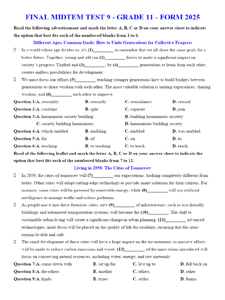 Test 1 Grade 11 Form 2025 Trang 17 | PDF