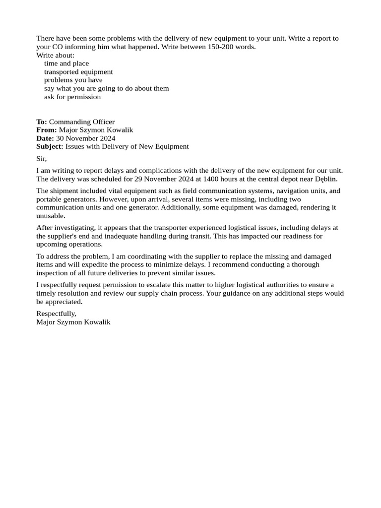 Report on Equipment Delivery Issues | PDF
