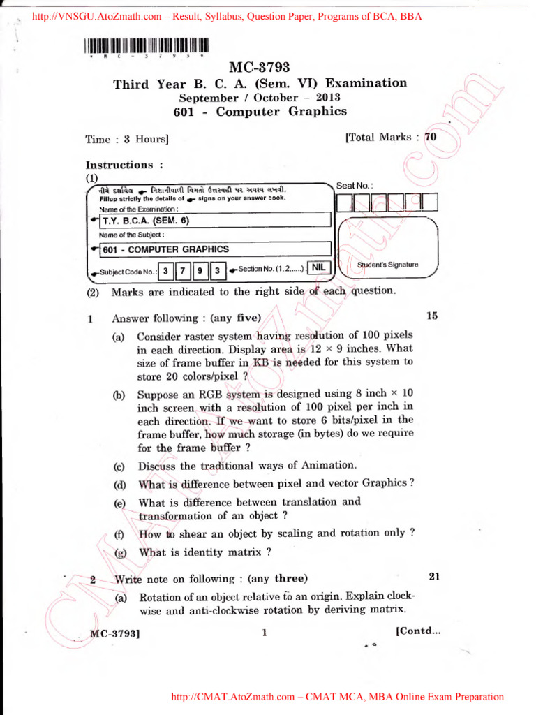 BCA Sem VI Computer Graphics Exam Guide | PDF | 2 D Computer Graphics ...