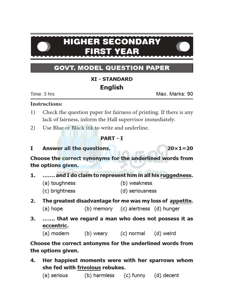 XI Standard English Model Paper | PDF | Volcano | Elephant