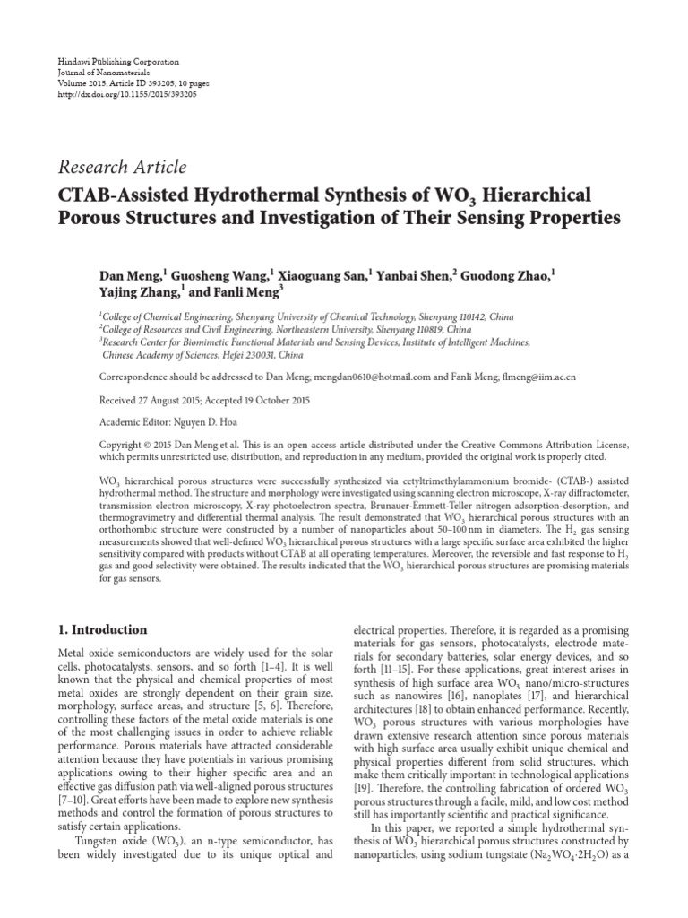 CTAB-Assisted Hydrothermal Synthesis of WO 3 Hiera | PDF | Nanoparticle ...