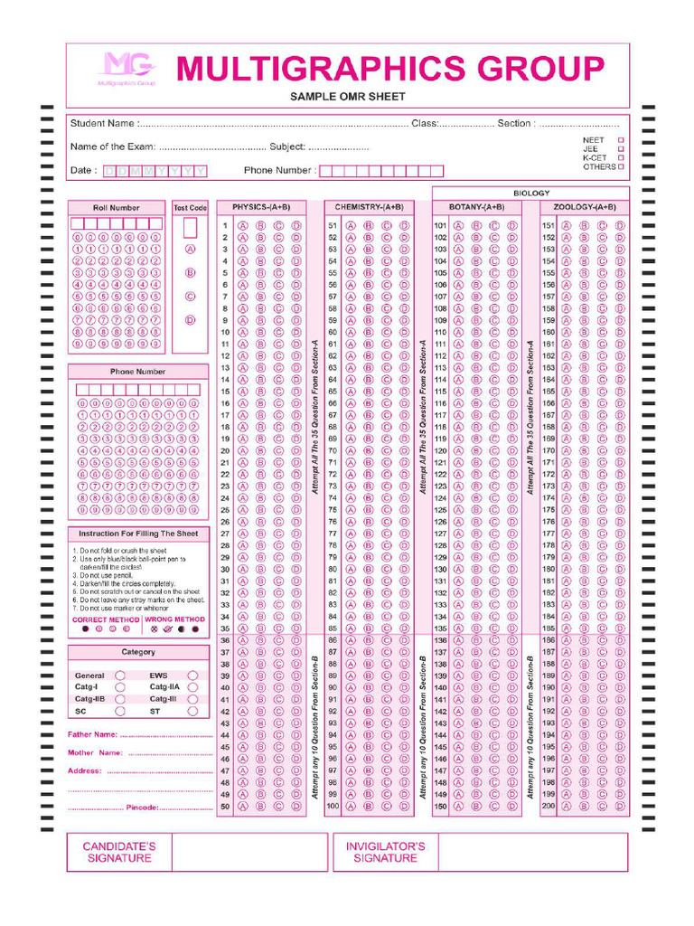 Neet Omr Sheet Pdf