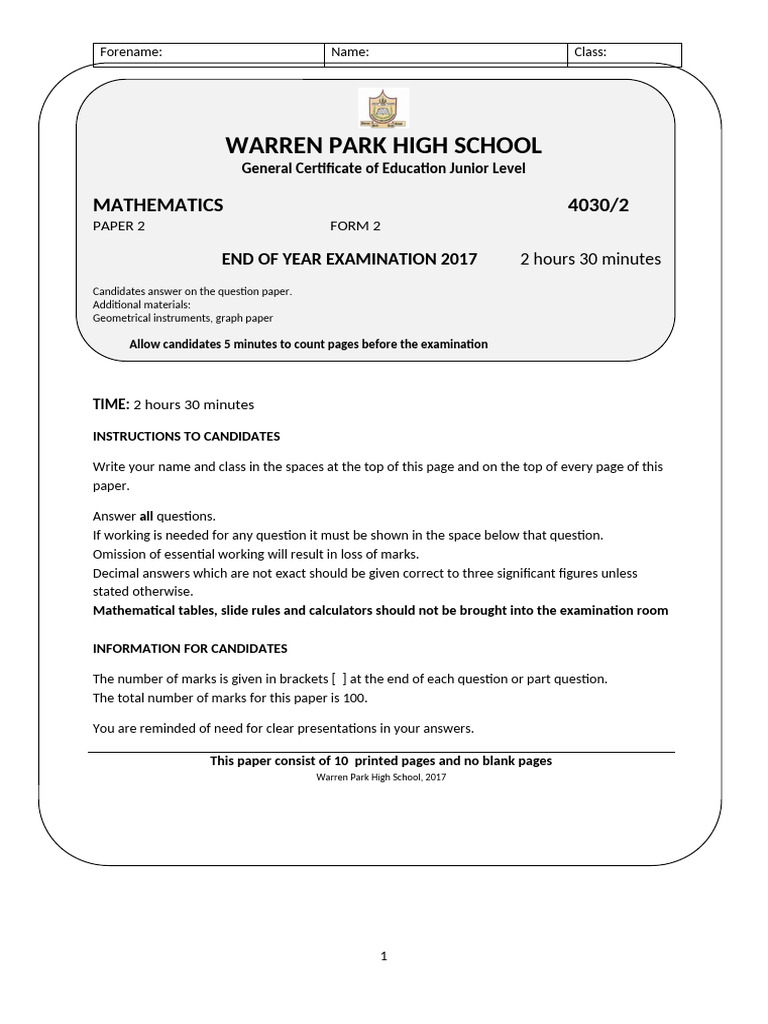 2017 GCE Junior Level Mathematics Exam | PDF | Numbers | Mathematics