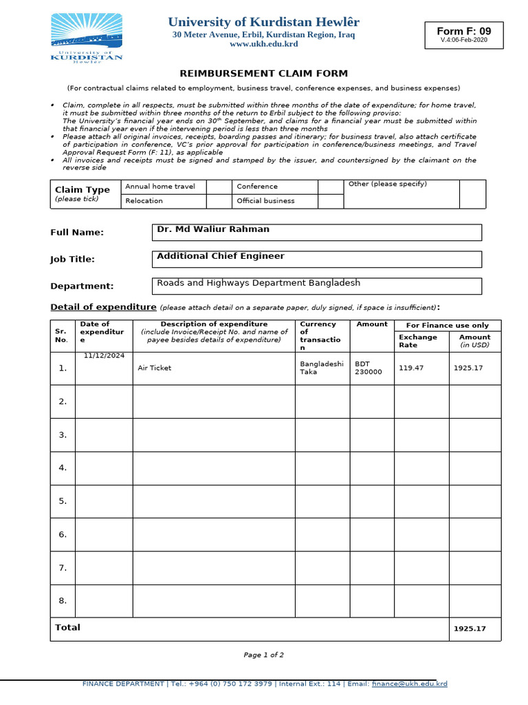 Reimbursement Claim Form Guidelines | PDF