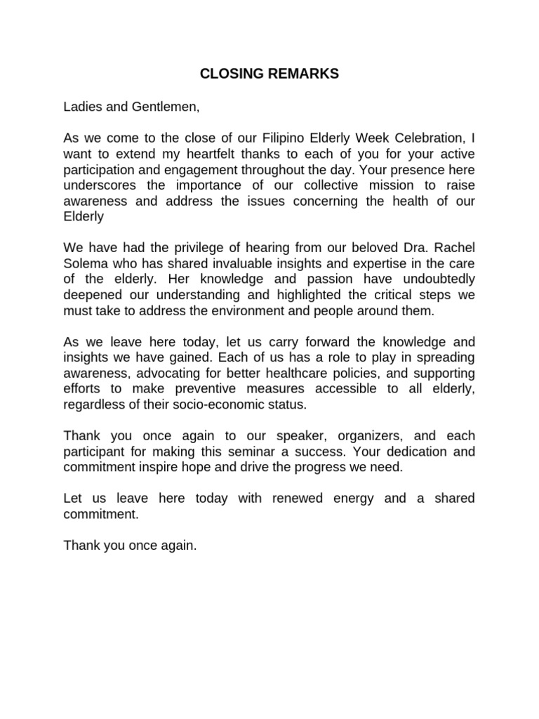 Closing Remarks for Elderly Week Celebration | PDF