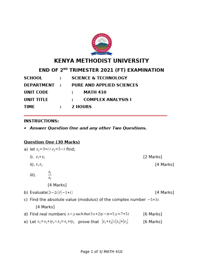 Complex Analysis I Exam Questions | PDF