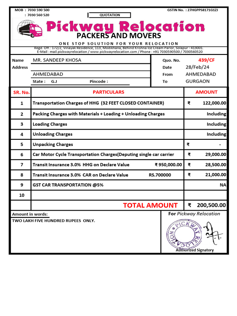 Quotation for Khosa's Move to Gurgaon | PDF | Transport