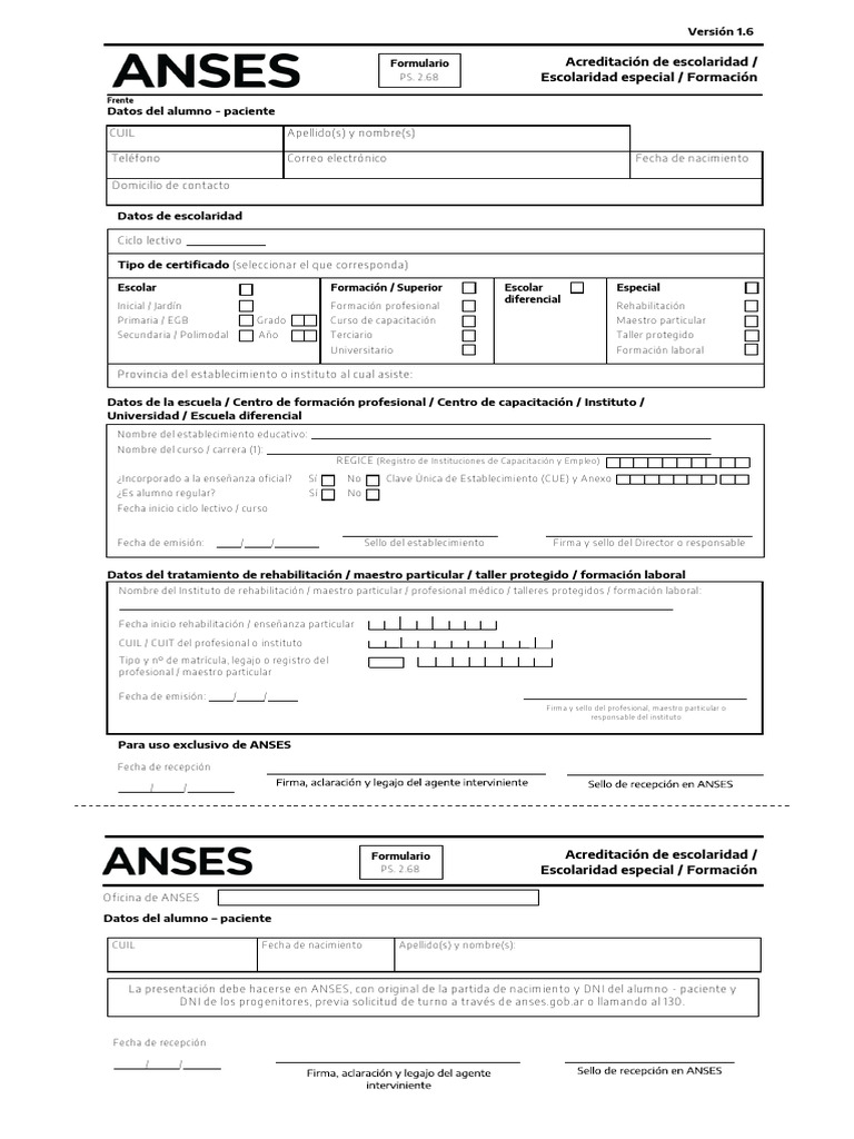 Formulario PS 2.68 para ANSES | PDF | Educación Secundaria | Escuelas