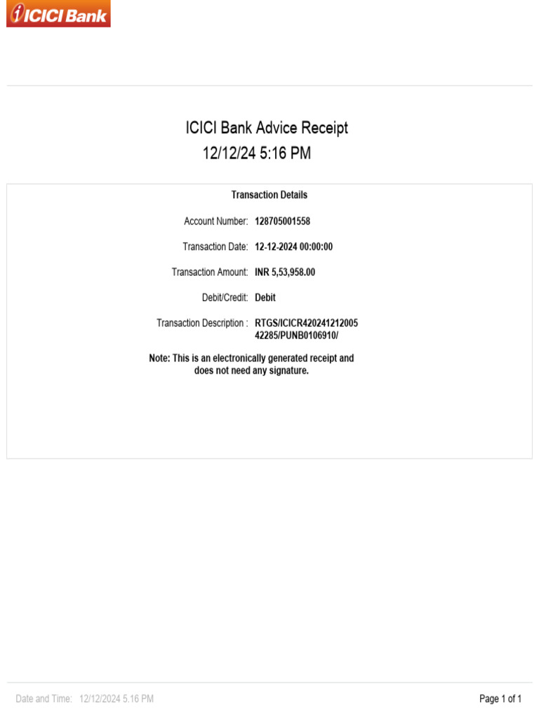 ICICI Bank RTGS Transaction Receipt | PDF