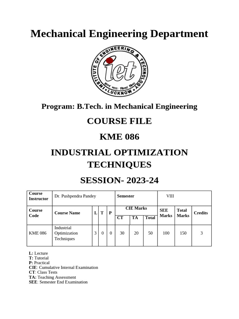 Kme086 industrial optimization techniques course file 2023 24 pdf