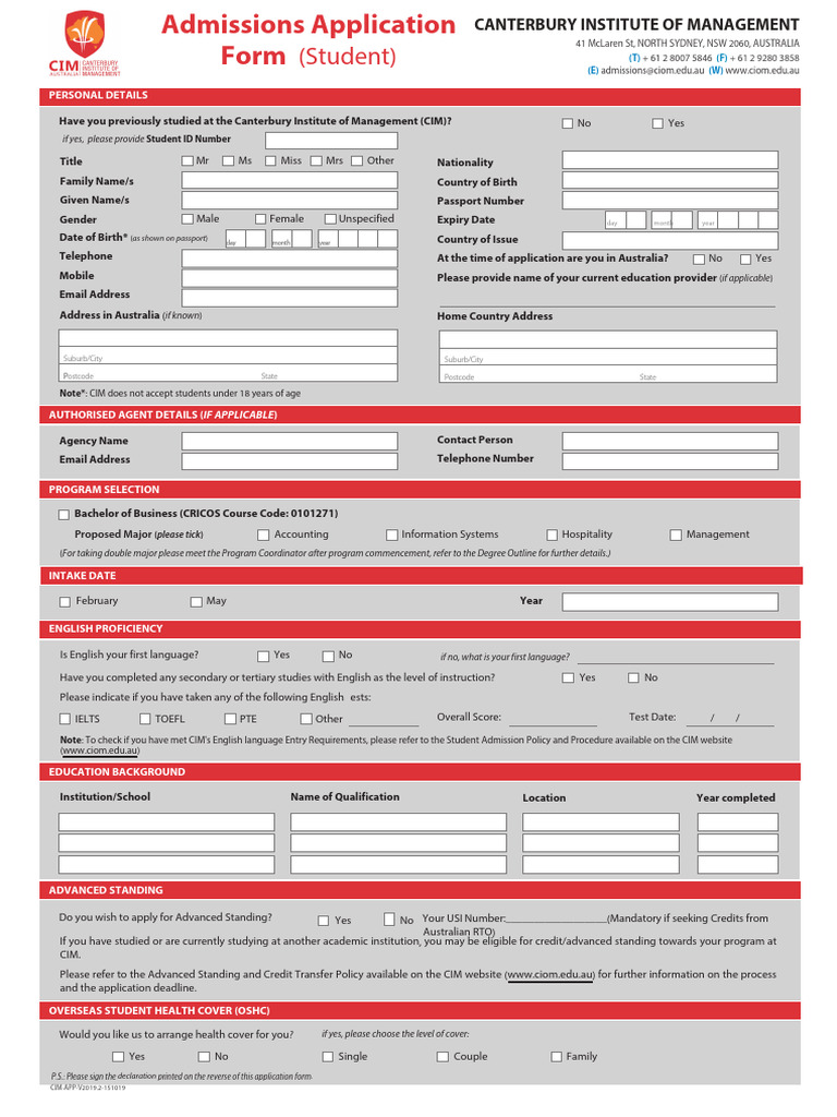 Canterbury Institute Admissions Form | PDF