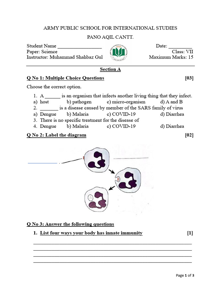 Vii Science Paper Cp3 Pdf Infection Immune System