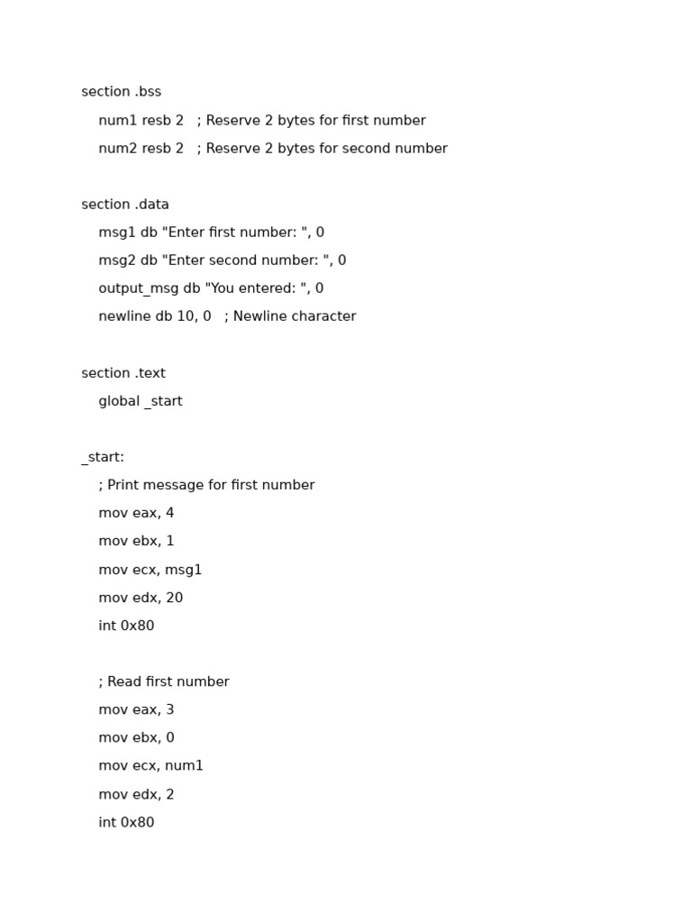 Assembly Code for Number Input Output | PDF