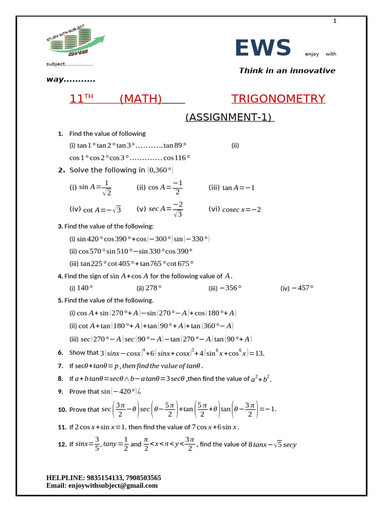 11TH Trigonometry Assignment-1 2020 | PDF | Geometry | Rotation