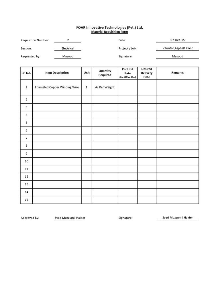 Electrical Material Requisition Form | PDF
