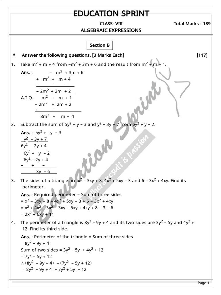 ALGEBRAIC EXPRESSIONS Questions - Solution | PDF