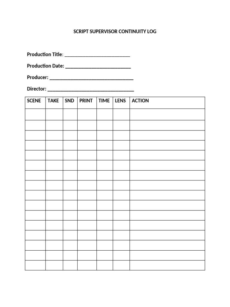Script Supervisor Continuity Log Template | PDF