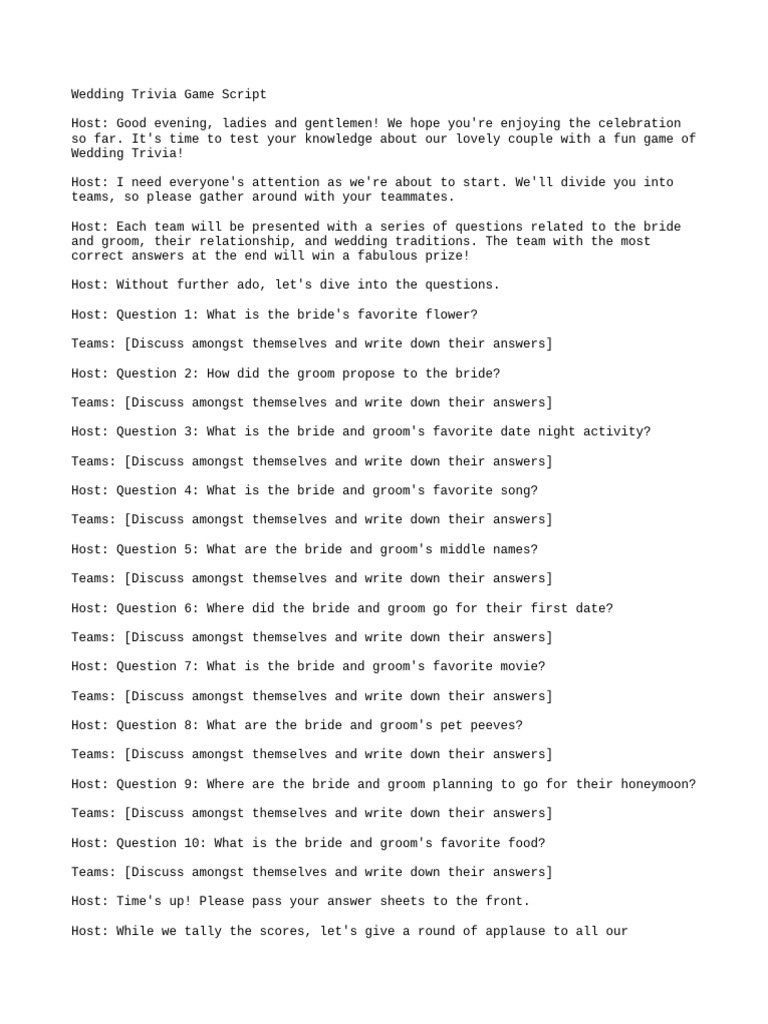 Fun Wedding Trivia Game Script | PDF | Rituals | Social Institutions